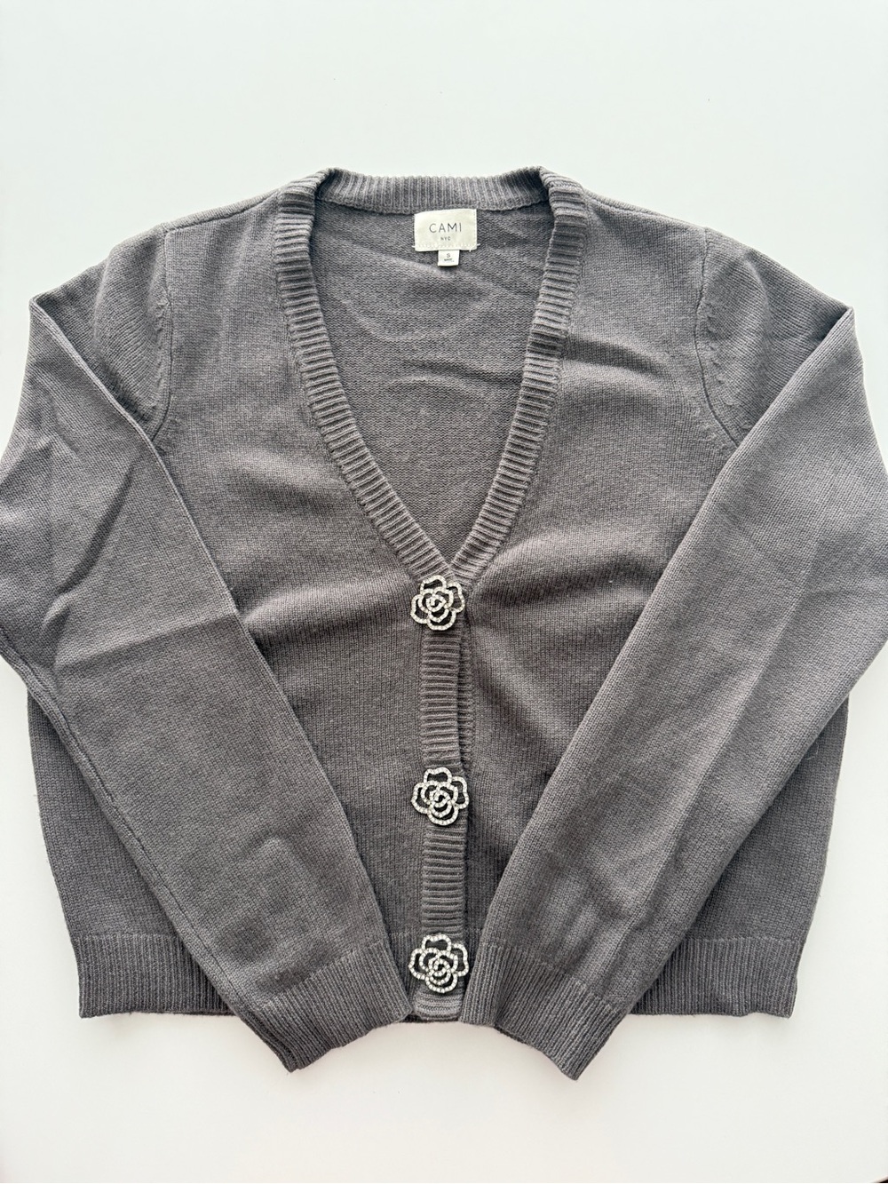 Cami NYC Gray V-Neck Cardigan Sweater with Crystal Floral Buttons